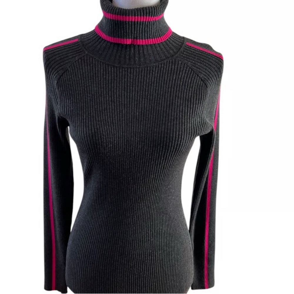 MILLY grayTurtleneck Sweater with Pink Stripes beautiful